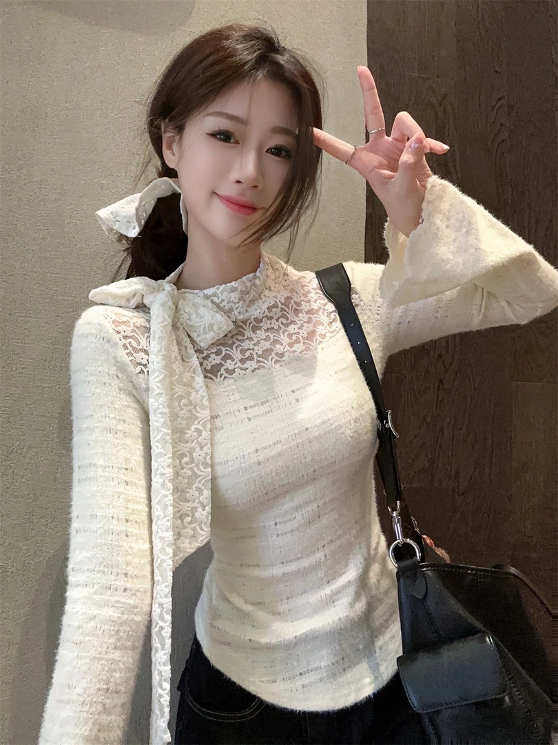 2026秋冬法式洋气小众设计感蕾丝上衣长袖修身显瘦纯色打底上衣女
