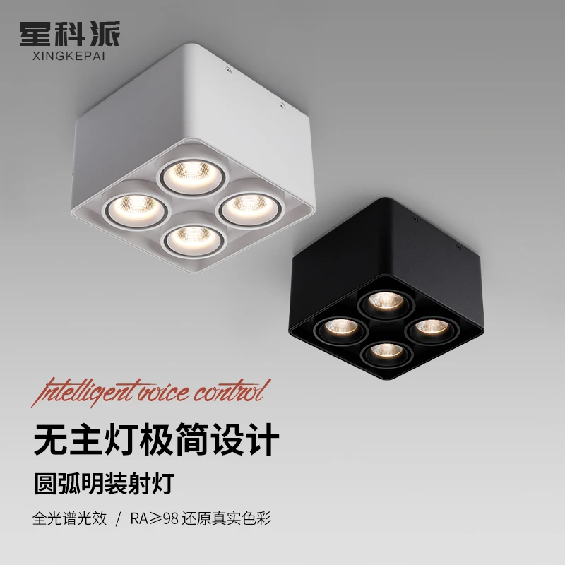 明装射灯led家用方形四头客厅天花筒灯吸顶式无主灯COB格栅斗胆灯