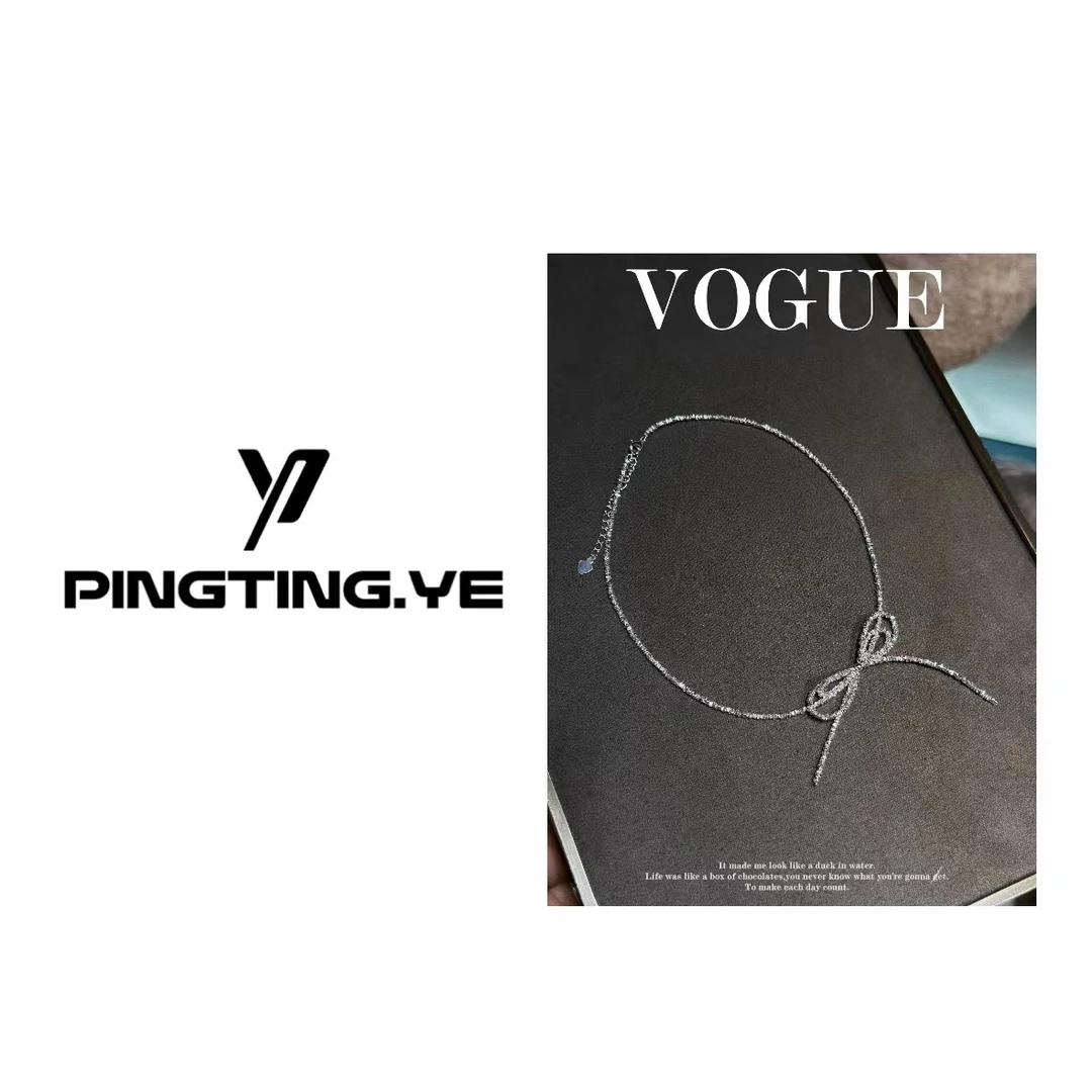 非金属合成锆石项链 气质时尚小众高级感蝴蝶结银色锁骨链项链