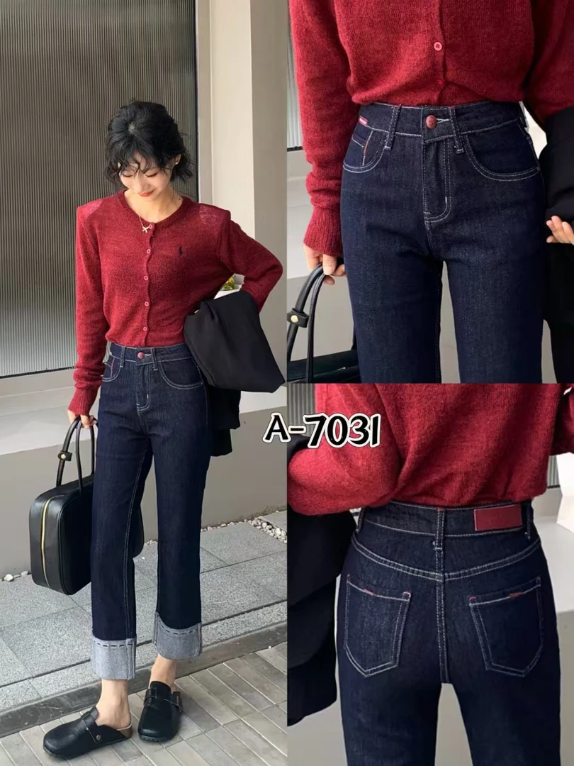 秋季新款时尚裤脚翻边九分烟管裤7031
