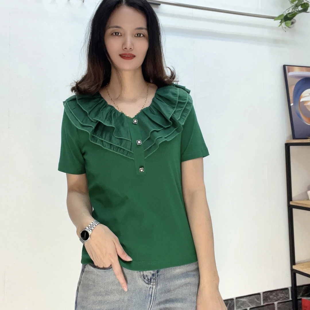 新款百搭减龄短版荷叶领上衣5329