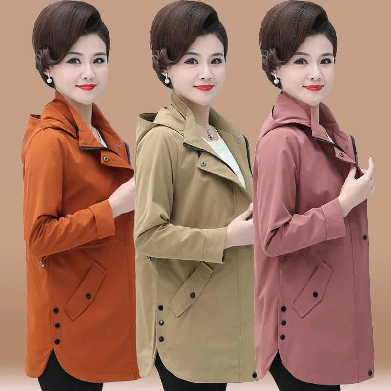 中老年女春装风衣中长款气质40岁50中年妈妈春秋外套薄款宽松连帽