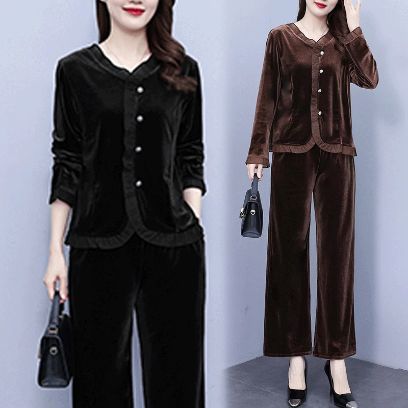 胖妹妹高档丝绒套装女秋季新款洋气妈妈装潮流气质长袖长裤两件套