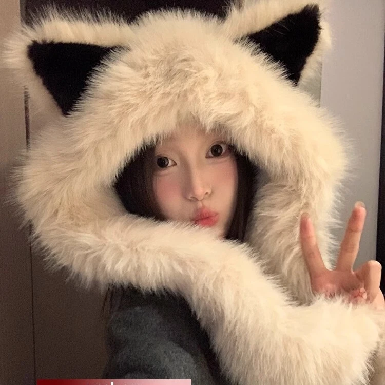 毛绒绒加厚狐狸耳朵帽子围巾一体女2024年秋冬季保暖显脸小雷锋帽