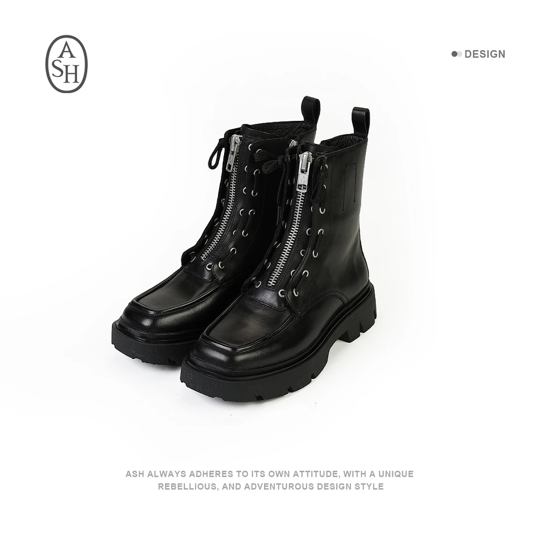ASH 新款女靴子百搭皮鞋黑色时尚真皮厚底中筒靴真皮圆头22063