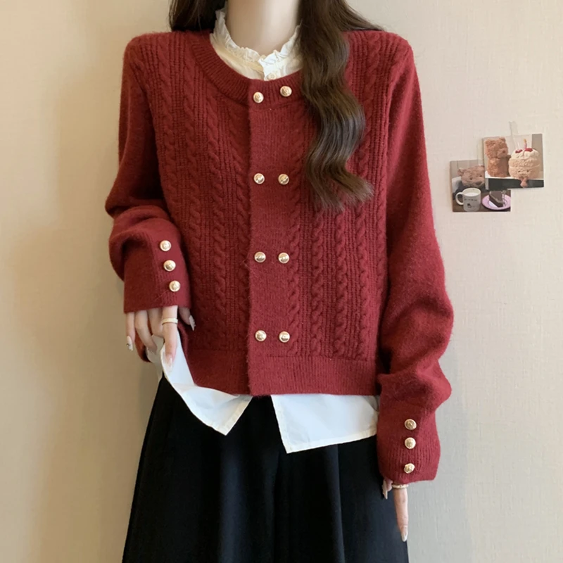 大码遮肉显瘦假两件拼接红色衬衫毛衣冬季胖MM法式正肩针织衫上衣