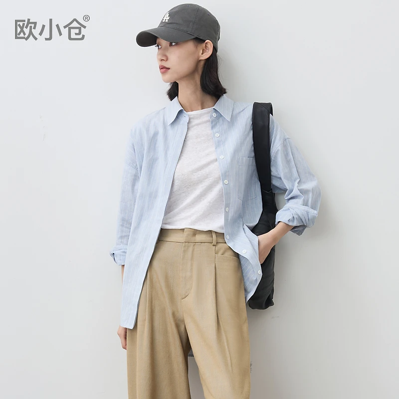 欧小仓巴斯克系列 棉麻感蓝条纹衬衫 翻领长袖微落肩竖条衬衣3242
