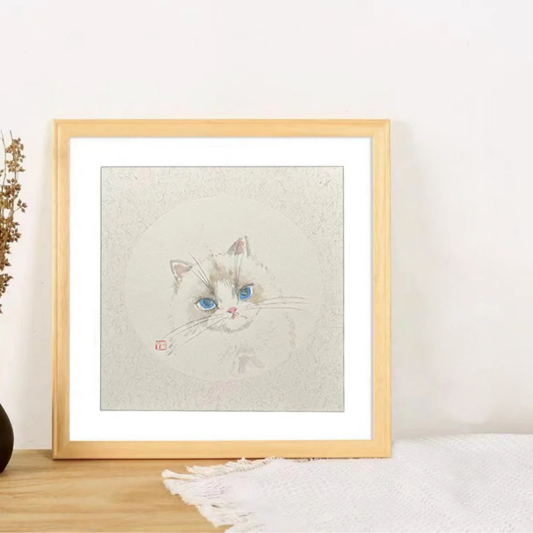 现代简约国画水彩水粉风格猫咪客厅卧室玄关挂画壁画无框画装饰画