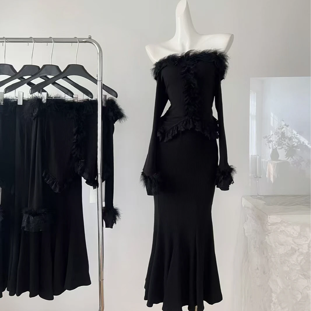 秋冬纯欲风性感一字肩上衣显瘦长裙