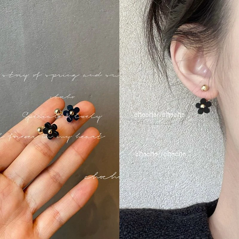 小巧可爱甜美高级感黑色花朵耳钉小众清新设计感耳钉耳环耳夹女
