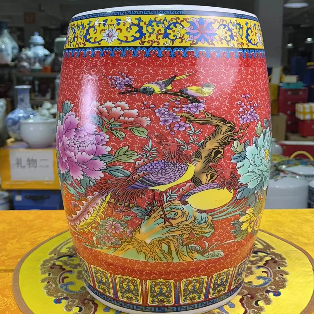 【高度32，肚径23，容量20斤米】景德镇红色珐琅彩陶瓷米缸秀凳米缸