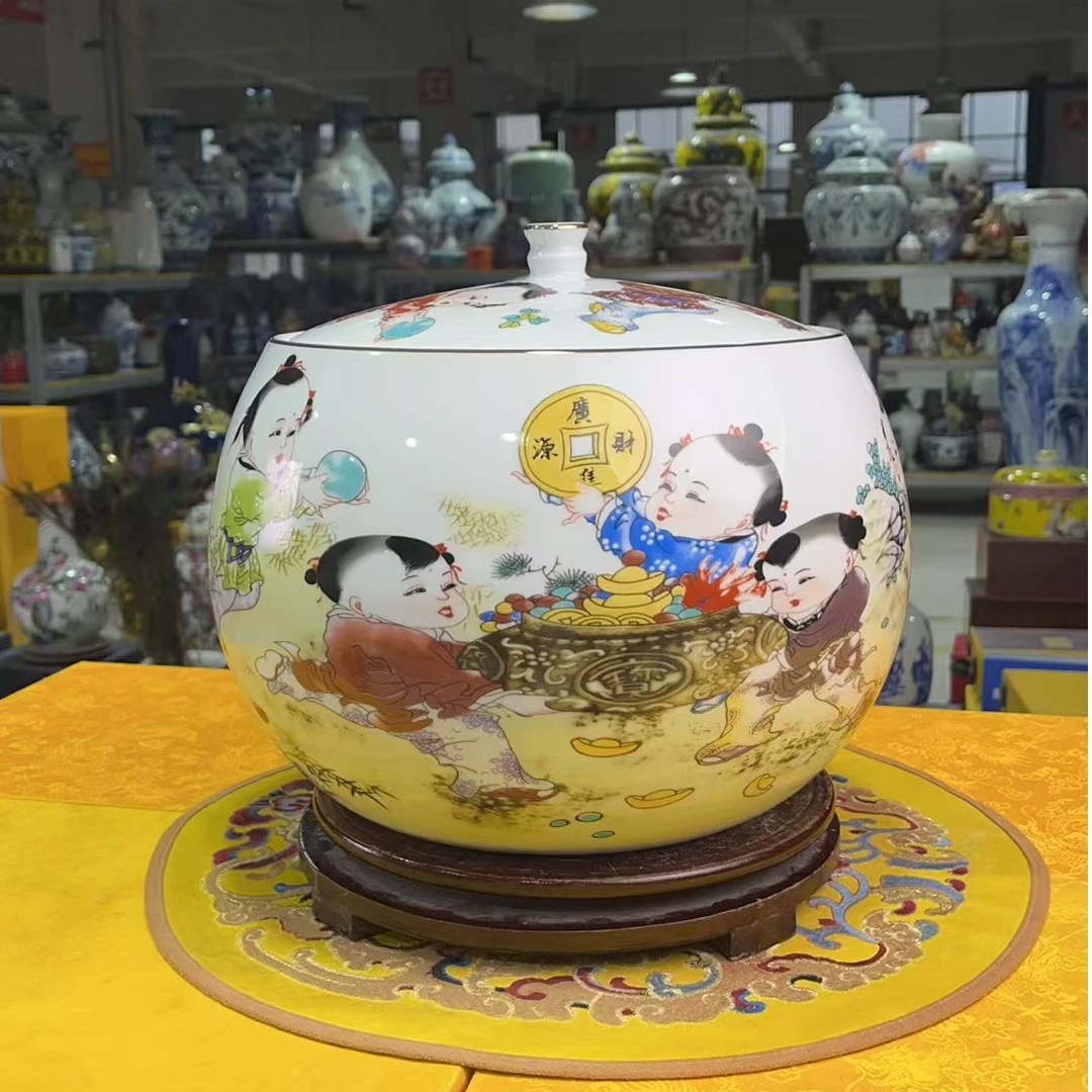 【高度23，肚径28】景德镇陶瓷招财进宝储物罐带底座