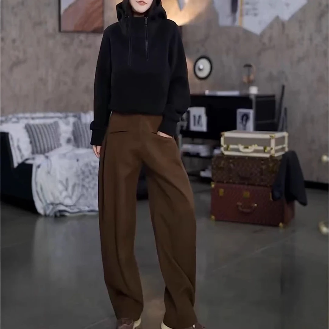 新款时尚黑色显瘦百搭连帽双拉链卫衣休闲简约高腰弯刀裤女潮3081