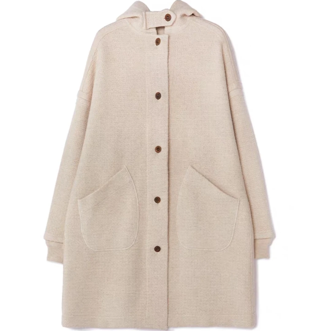 YZ~千克温暖经典版山羊绒大衣 加厚提花保暖时尚针织连帽中长款