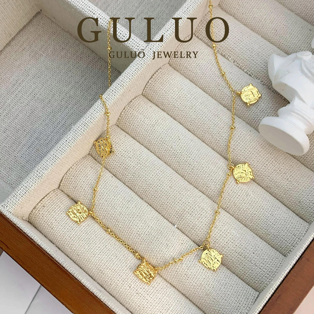 合金项链 金色复古圆盘项链高级感锁骨链