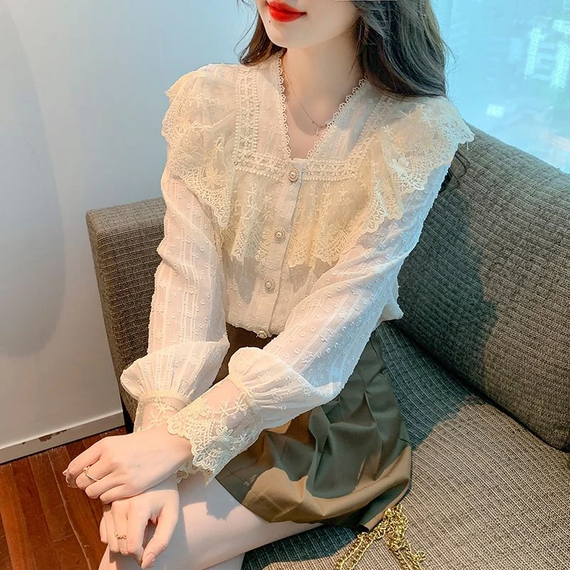 意慕 2023年春秋款新品蕾丝雪纺衫女装上衣欧货小衫爆款高档洋气