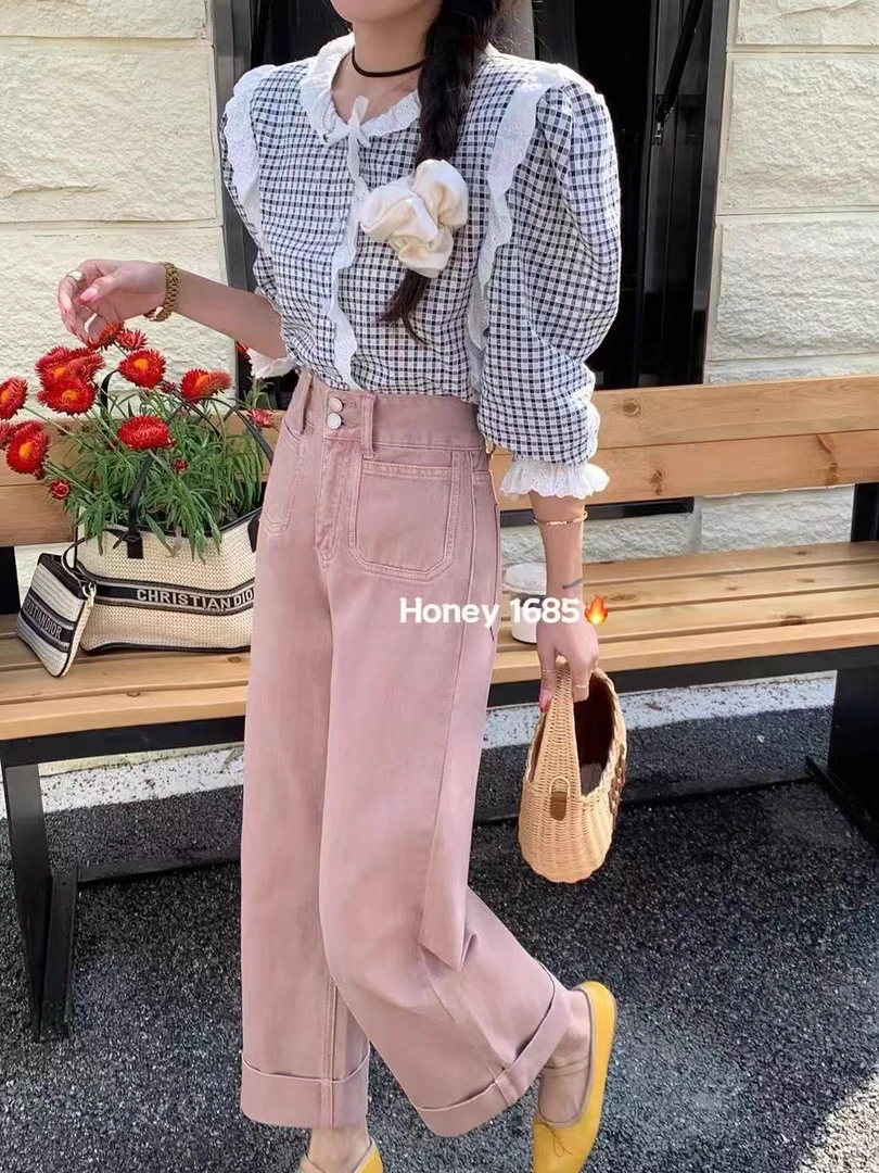 韩系宽松卷边阔腿裤女2024新款高腰显瘦遮胯休闲裤梨形身材裤子