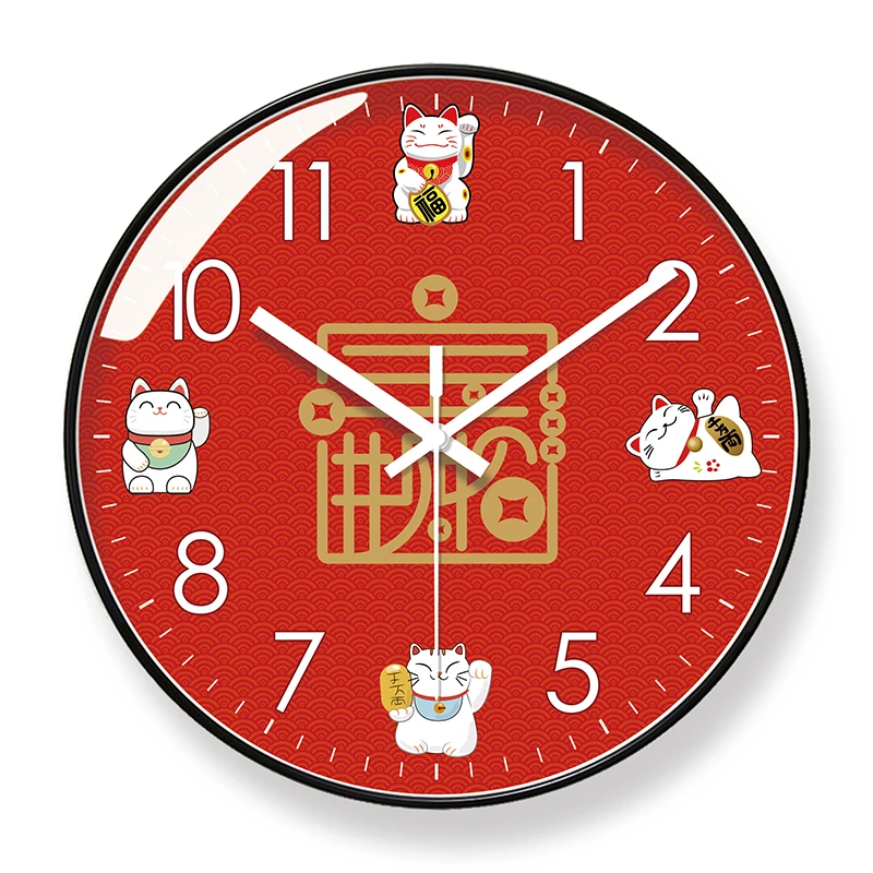 易普拉6667萌宠可爱招财猫挂钟卡通钟表静音准时静音扫秒石英钟