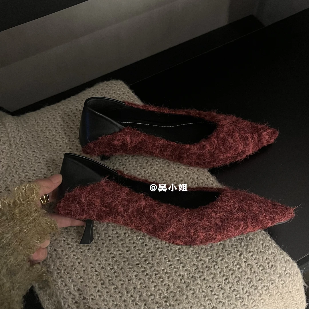 2024新款法式复古尖头高跟鞋小香风呢料时尚百搭细跟气质两穿单鞋