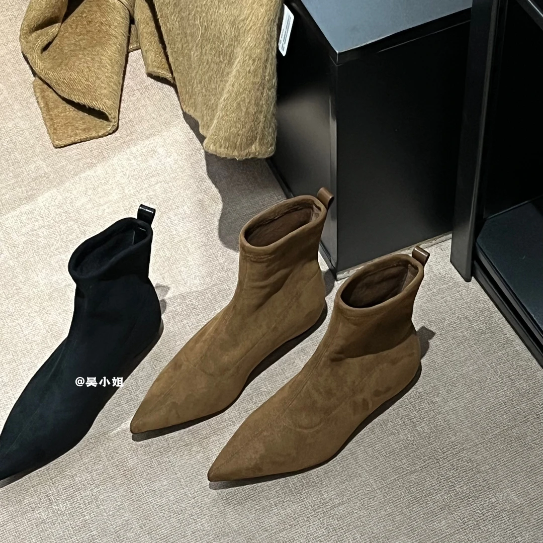 2024秋冬新款棕色绒面内增高短靴网红韩系尖头时尚百搭弹力瘦瘦靴