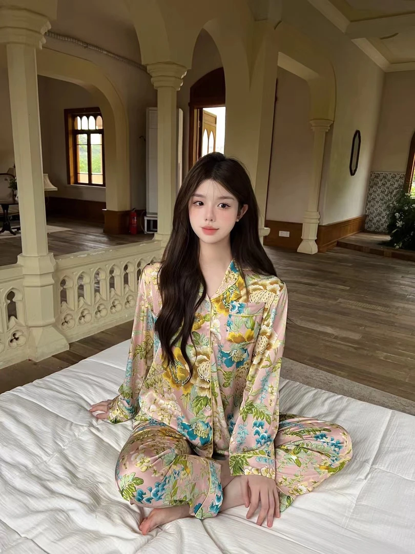 复古轻奢花卉睡衣女士春秋长袖高级感套装国风印花小众冰丝家居服
