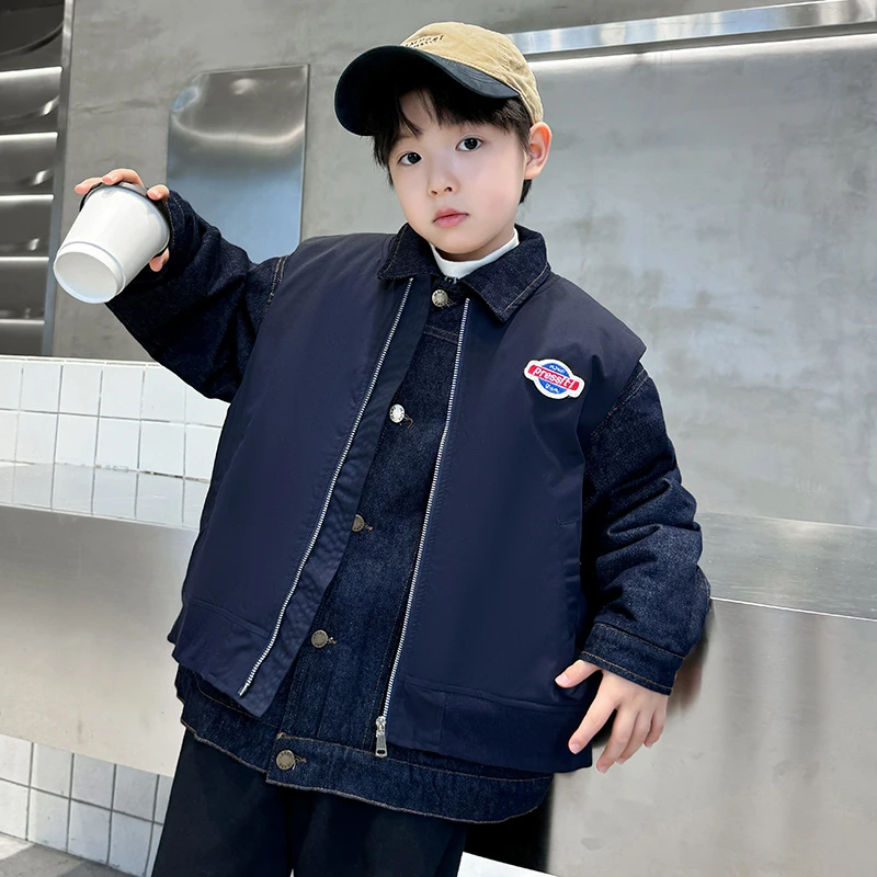 儿童装男童冬装牛仔外套2024新款冬季中大童夹棉加厚秋冬款男孩潮
