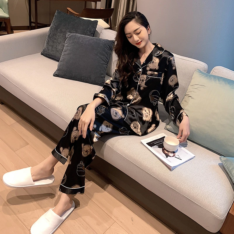 春秋款睡衣女冰丝网红大牌风家居服女士卡通小熊夏季宽松长袖套装