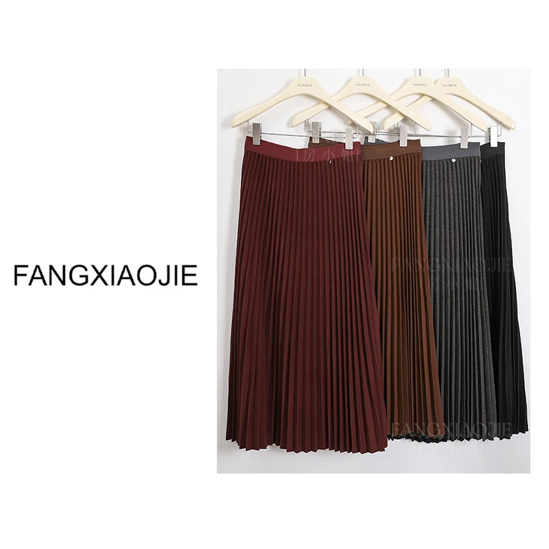 百褶半身裙女秋冬款2024新款高腰气质中长裙显瘦安可拉红色a字裙