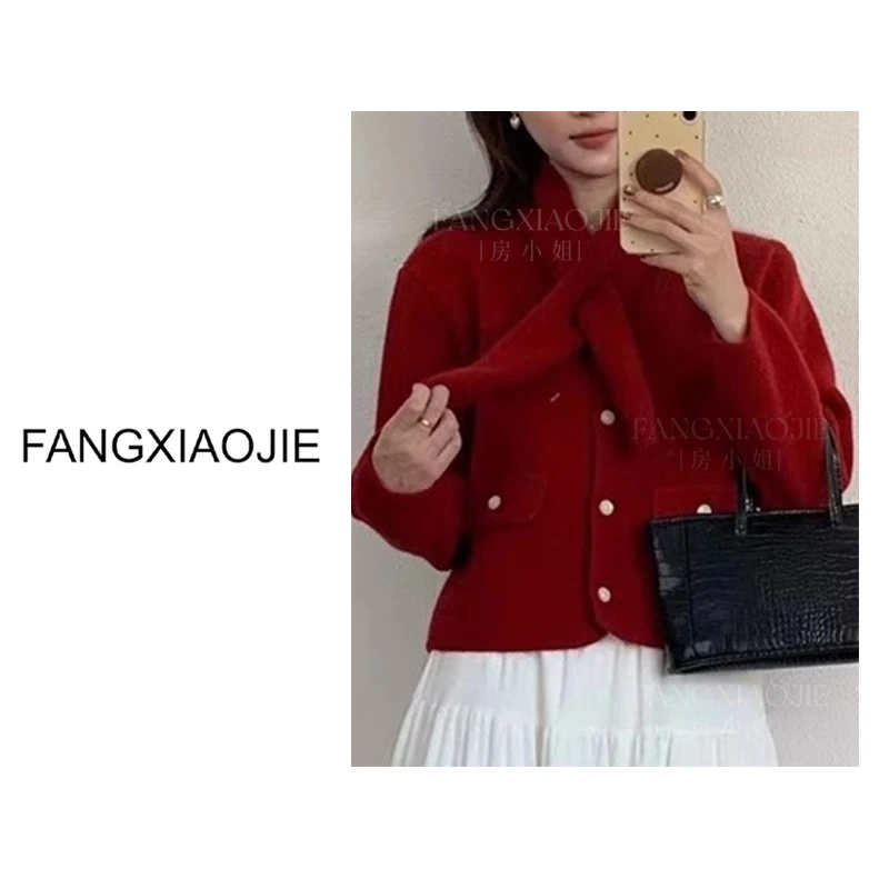 领子设计感百搭彩色毛衣外套女新年随意上衣短款慵懒风保暖