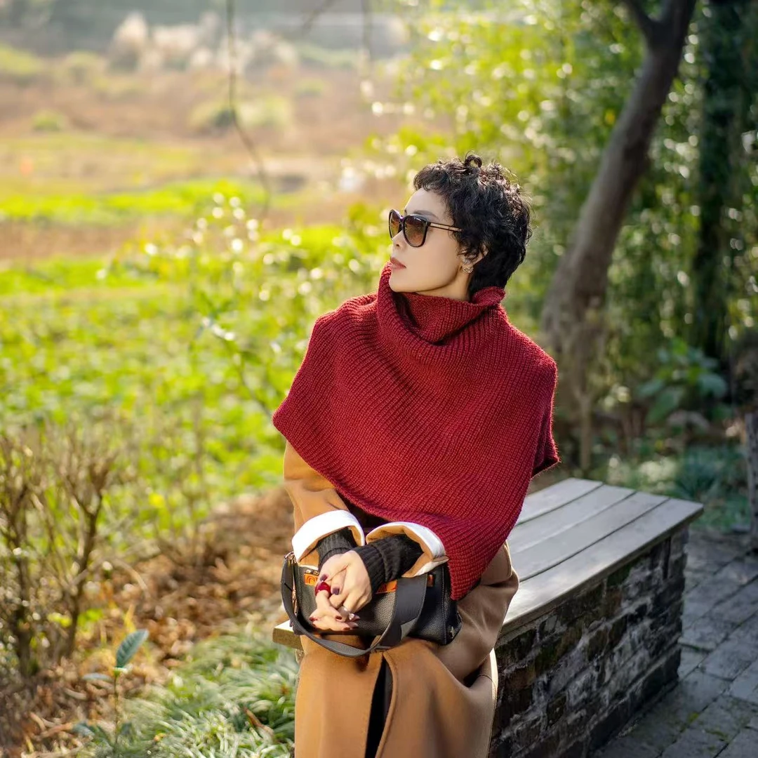 开叉叠穿外搭秋冬高领针织围脖时尚韩版百搭高级纯色保暖套头披肩