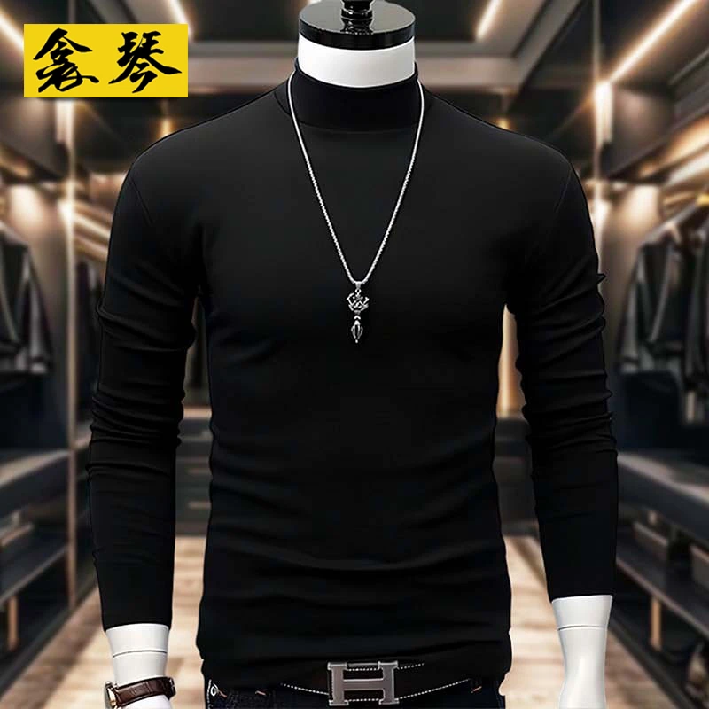 双面加绒加厚保暖内搭半高领黑色T恤时尚潮男弹力休闲打底上衣服