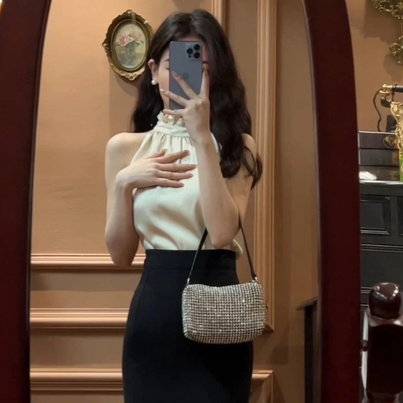 春夏款法式复古气质挂脖上衣丝滑无袖衬衫高腰显瘦包臀鱼尾裙