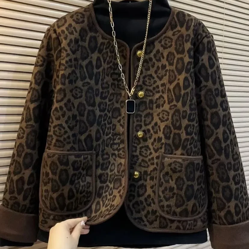 加绒外套短款时尚秋冬豹纹时尚40-45岁打扮外套