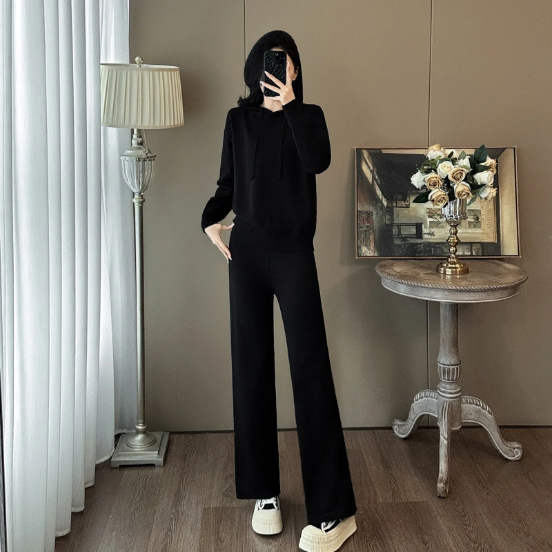 欧货休闲运动套装春秋2025新款洋气宽松高腰连帽针织阔腿裤两件套
