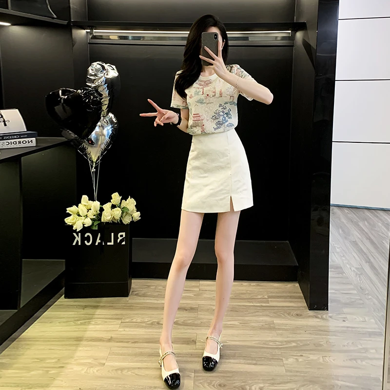 淑女气质穿搭一整套2025新款夏季国风短袖T恤白色短裙两件套女装