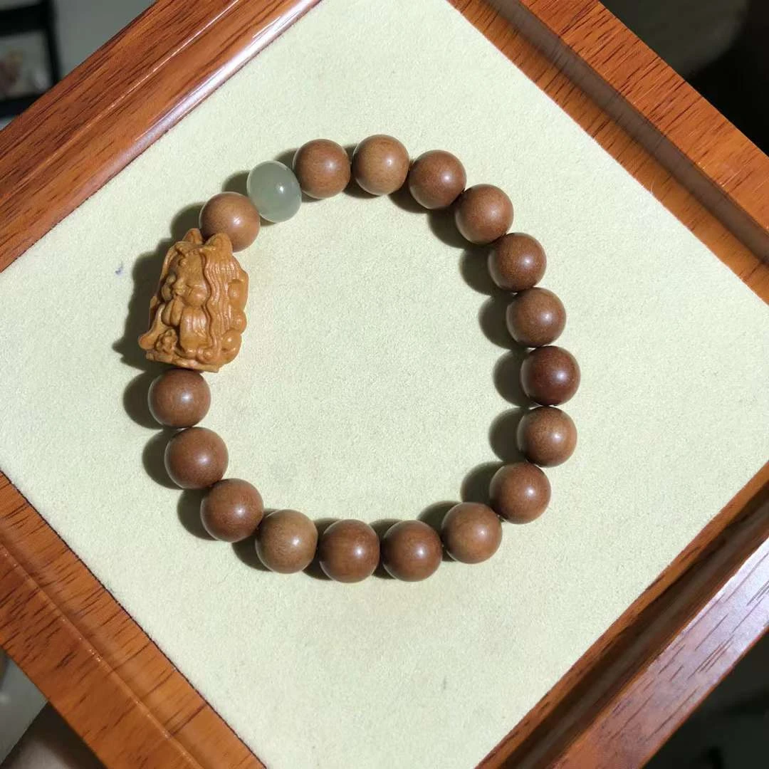 【不可方物】国风老山檀搭配檀木雕刻件和田玉算盘珠单圈手串
