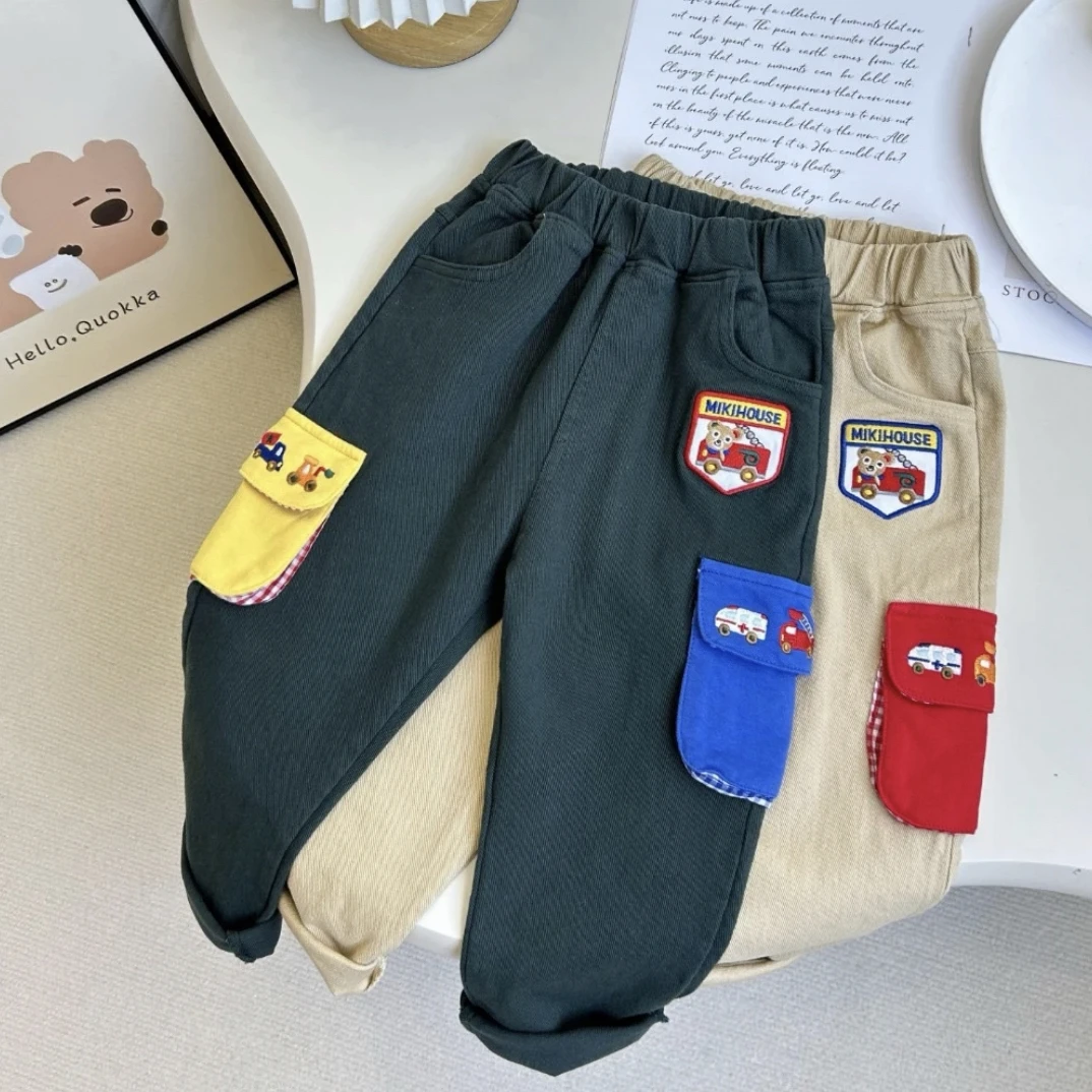 男童春秋时尚卡通绣花吊车休闲裤 新款鸳鸯口袋小童梭织长裤