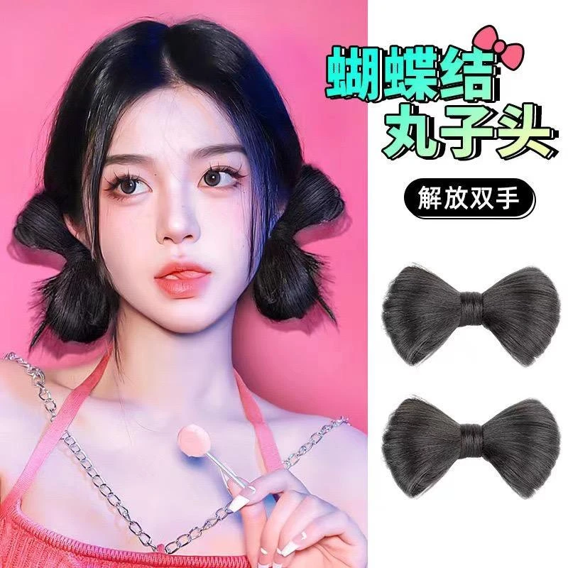 丸子头蝴蝶结假发可爱发夹辣妹懒人盘发蓬松发卡