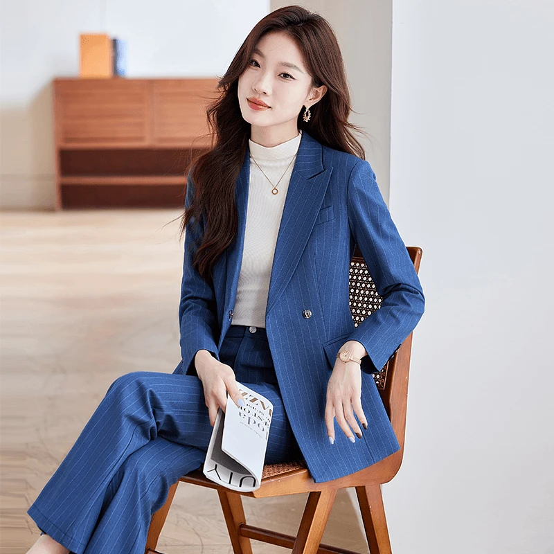 6629秋冬季新款气质职业女裤微喇裤条纹套装通勤时尚修身纯色西装