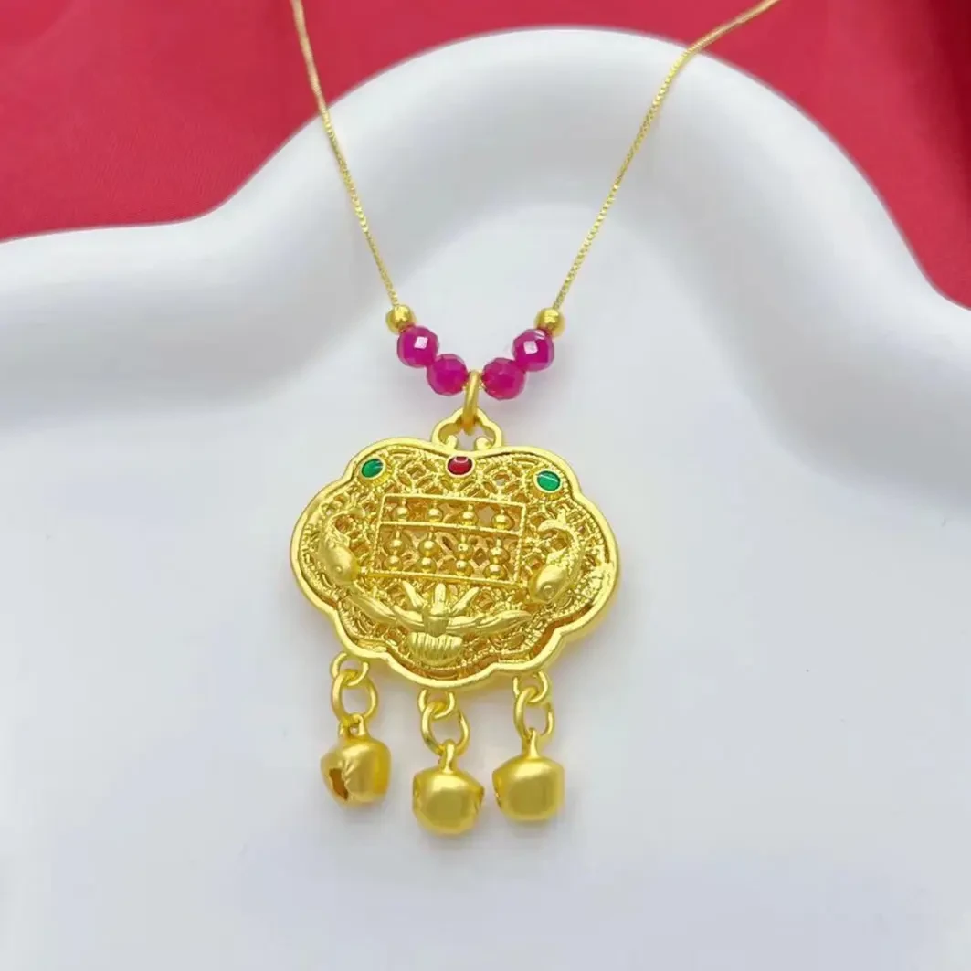 【强哥专属】足金999金珠缅甸培育星光红宝石古法长命锁吊坠G60