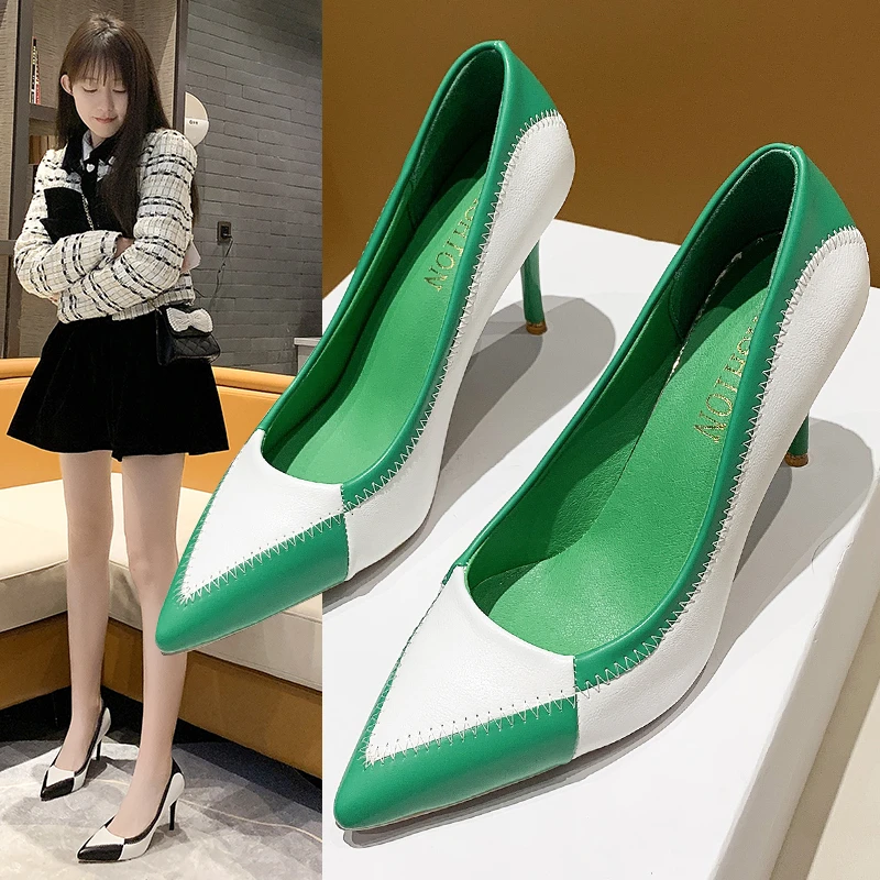 浅口高跟鞋拼色浅口潮尖头细跟性感百搭时尚工作单鞋女网红设计感