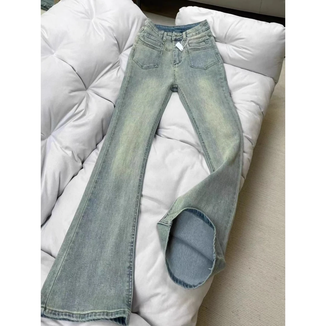 高个子加长复古浅蓝色微喇牛仔裤女秋季高腰弹力显瘦马蹄拖地裤子