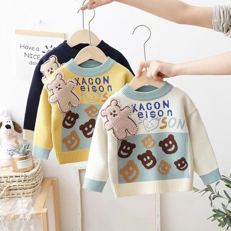 儿童毛衣加绒加厚男童宝宝时髦内搭洋气打底套头圆领韩版针织衫