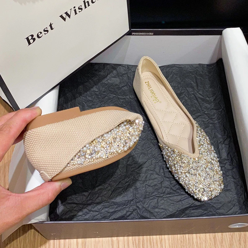 2024年夏款浅口单鞋女水钻晚晚风温柔鞋平底豆豆鞋大码女鞋41一43