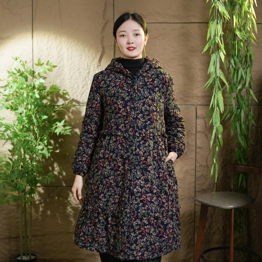 【专属】<暖意>新民族风衣连帽外套中长款秋冬保暖夹棉外套女