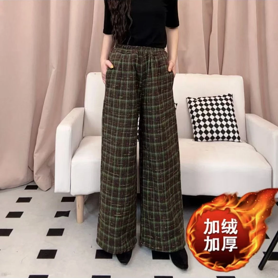 2024洋气休闲阔腿女裤新款格纹加绒加厚高腰百搭显瘦气质百