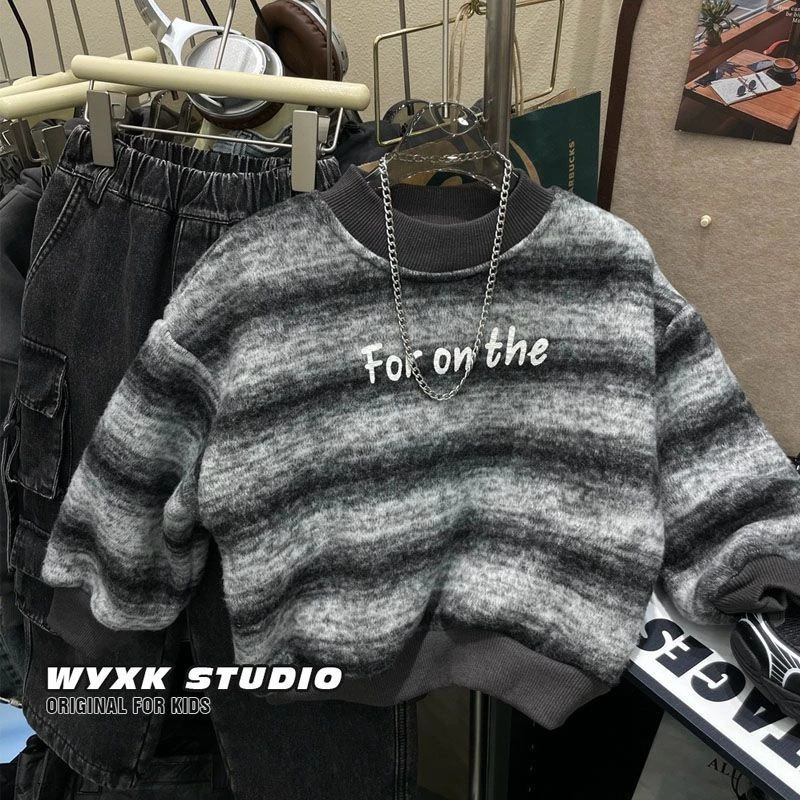 男童条纹卫衣加绒加厚保暖冬装中小儿童宝宝帅气男孩长袖上衣潮