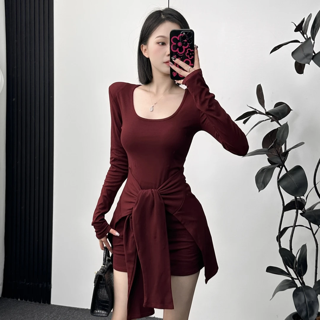 纯欲辣妹气质遮肉连衣裙女秋季裙子假两件绑带收腰修身显瘦包臀裙