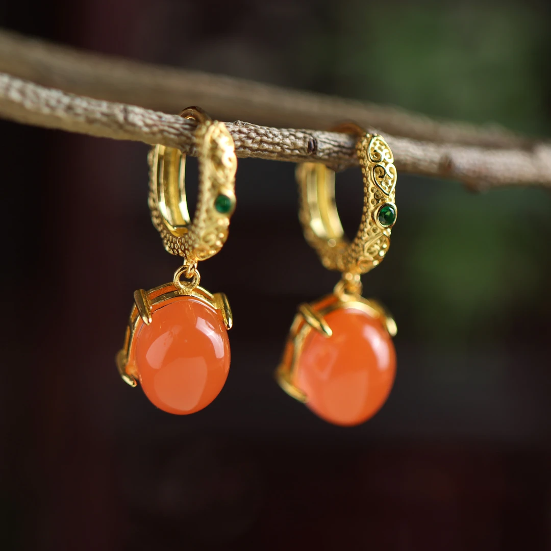 S925银镀金镶嵌南红玛瑙爪子蛋面民族风气质送礼女款耳扣