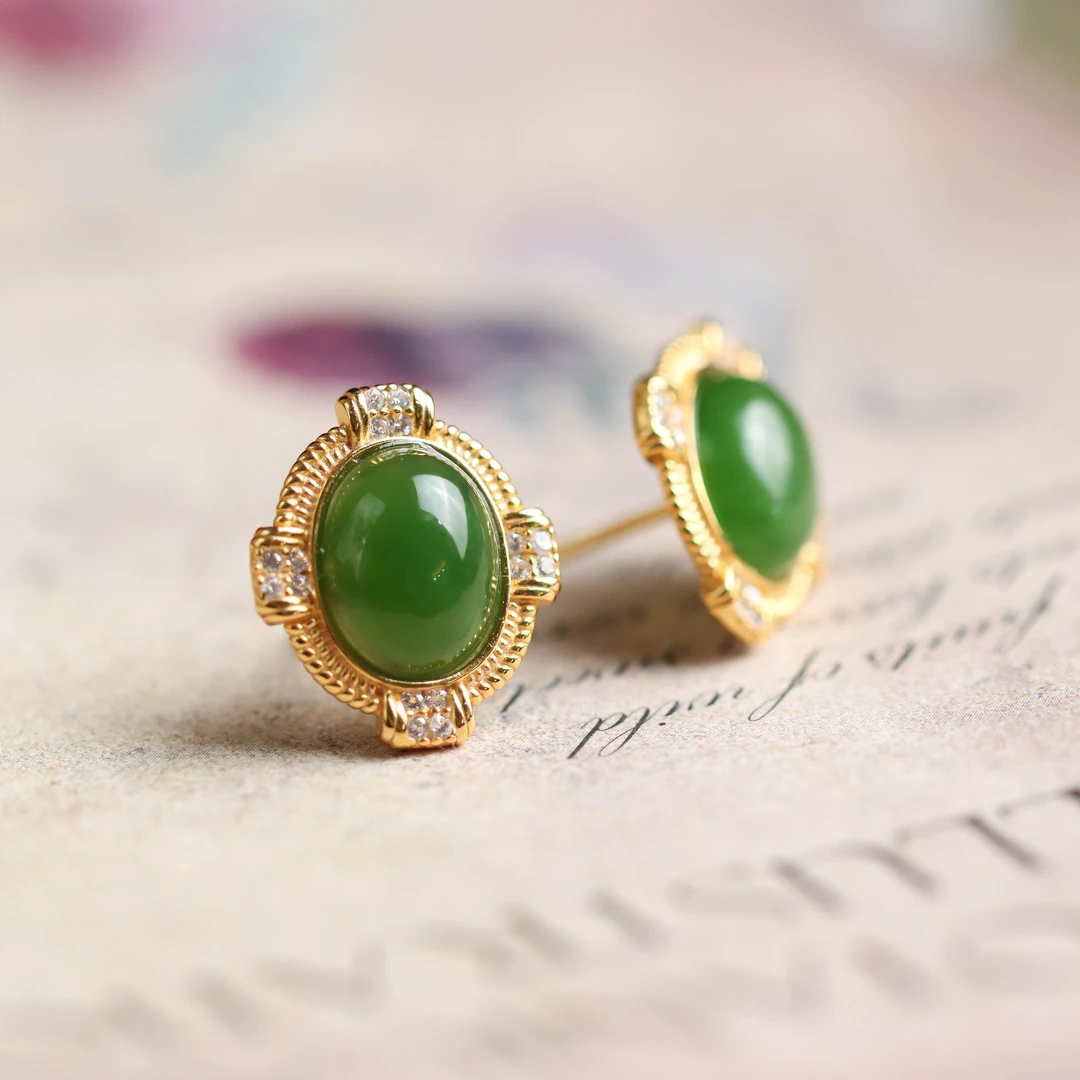 S925银镀金镶嵌和田玉碧玉蛋面时尚气质送礼女款耳钉